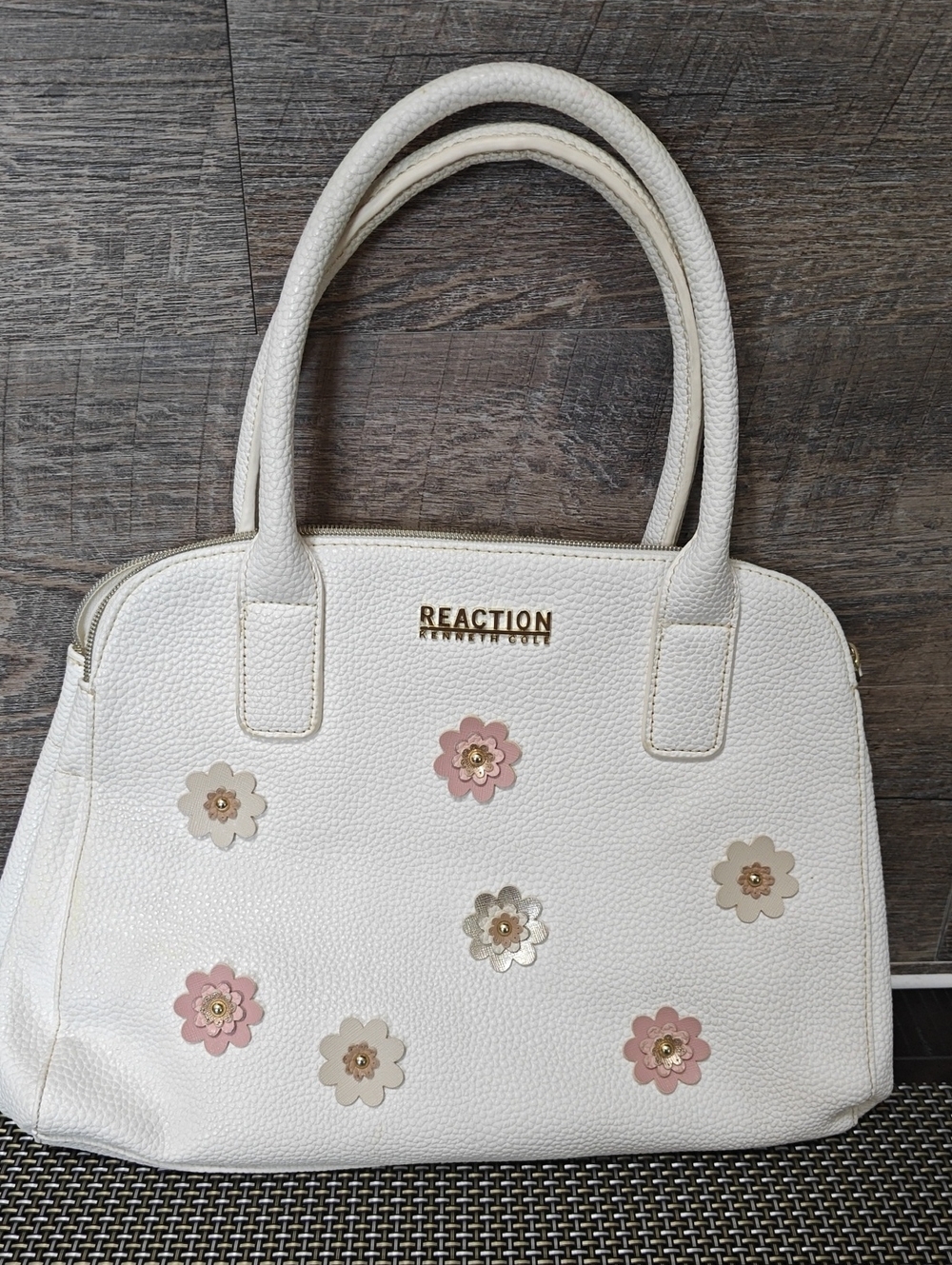 Kenneth Cole Reaction White Satchel with Pink and Cream Floral Appliqués
